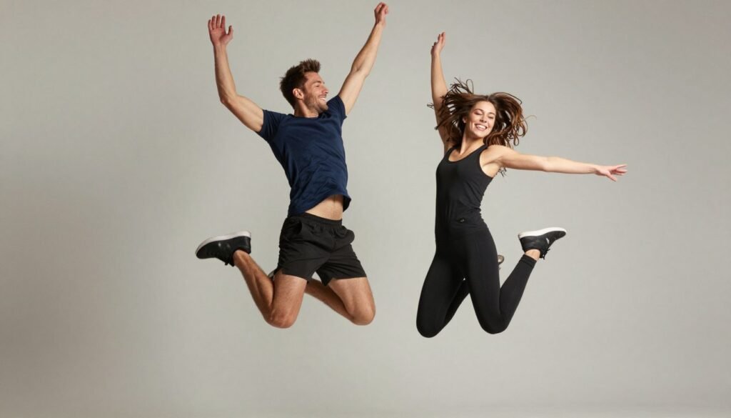 couple jumping in air together in photo booth with joy couple jumping in air together in photo booth with joy