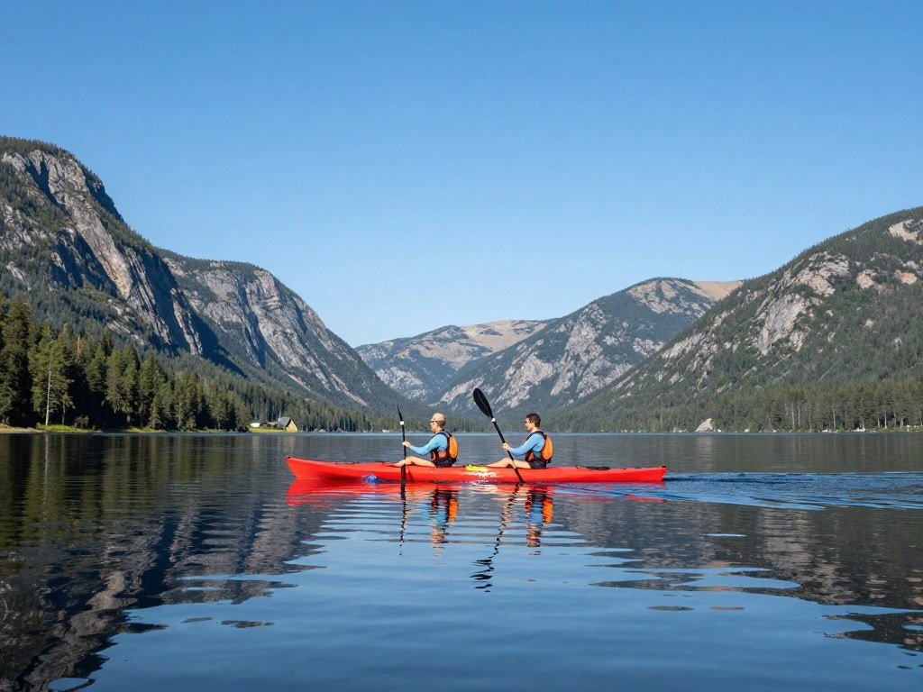 couple kayaking together on peaceful lake couple kayaking together on peaceful lake