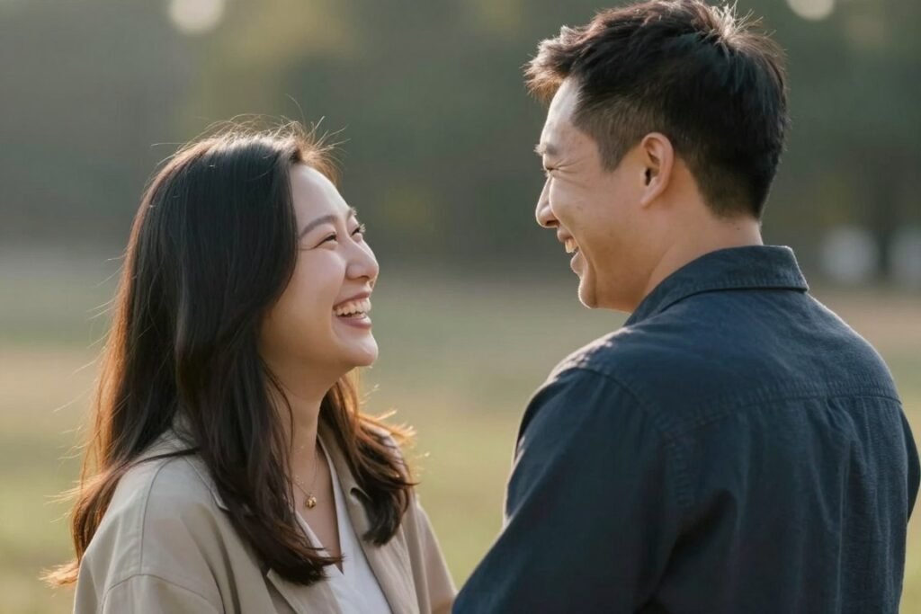 couple laughing together during imperfect proposal moment