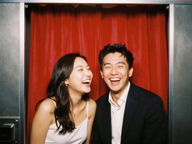 couple laughing together in vintage photobooth with curtain background
