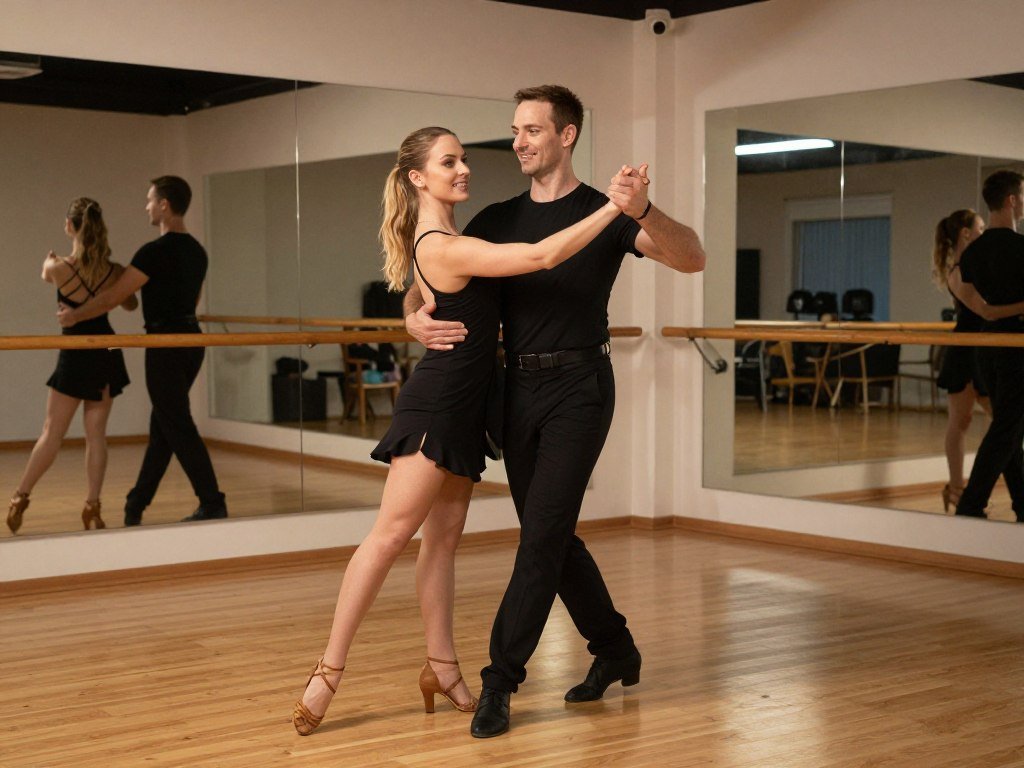 couple learning to dance together in class for anniversary celebration