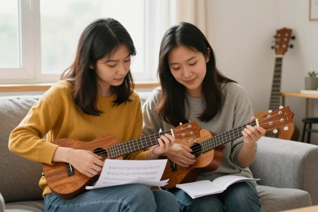 couple learning to play ukulele together