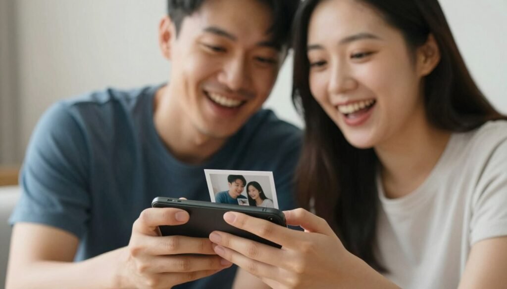 couple looking at proposal photos to share on social media couple looking at proposal photos to share on social media