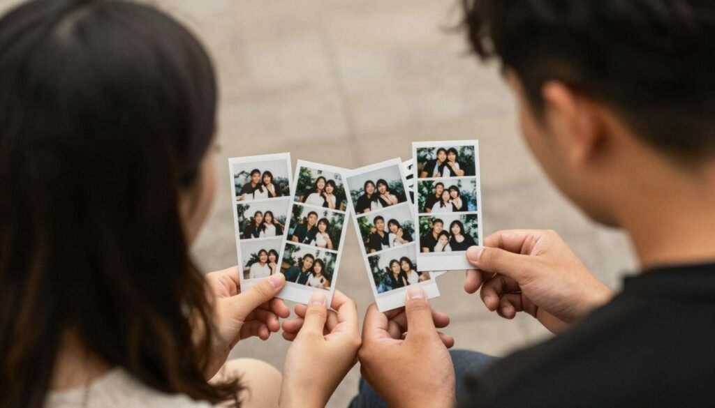 couple looking at their collection of photo booth memories together couple looking at their collection of photo booth memories together