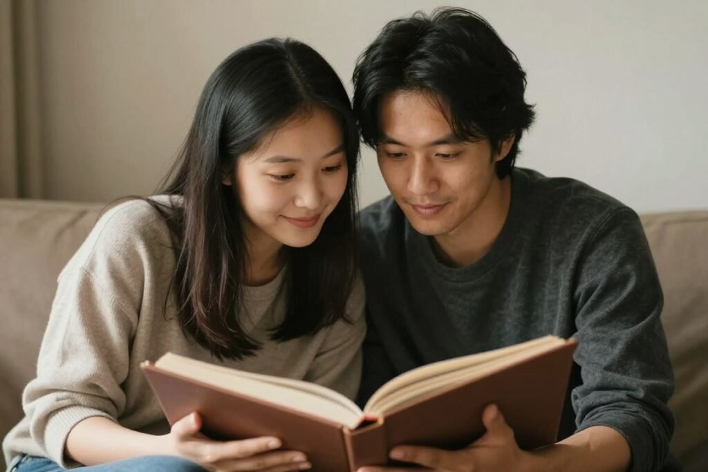 couple looking through photo album together nostalgically