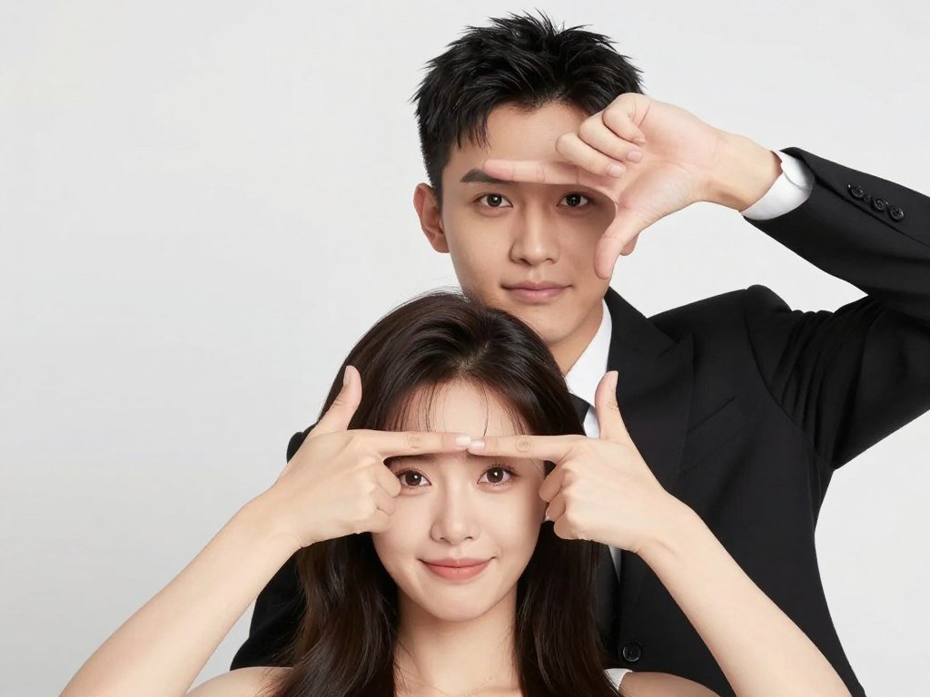 couple making frame with hands around faces in photo booth couple making frame with hands around faces in photo booth