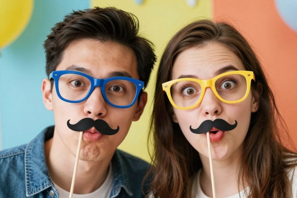 couple making silly funny faces in photo booth with props couple making silly funny faces in photo booth with props