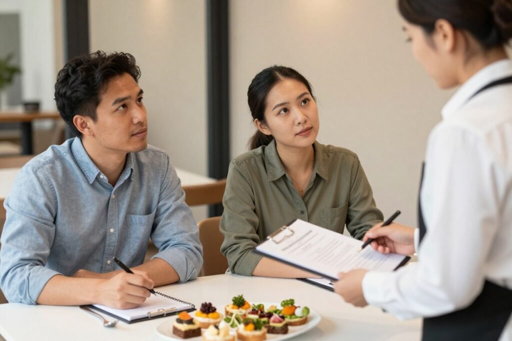couple meeting with caterer