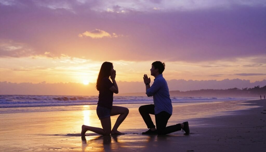 couple on beach at sunset during proposal moment