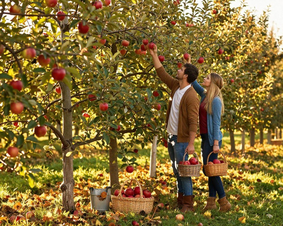couple on fall date picking apples in autumn orchard