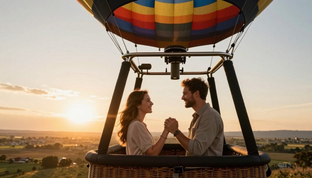 couple on hot air balloon ride at sunset for anniversary celebration