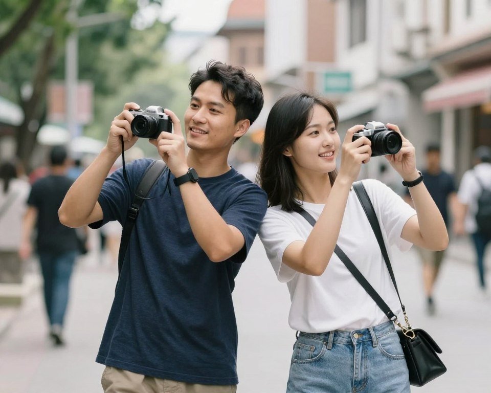 couple on photo walk date capturing memories together
