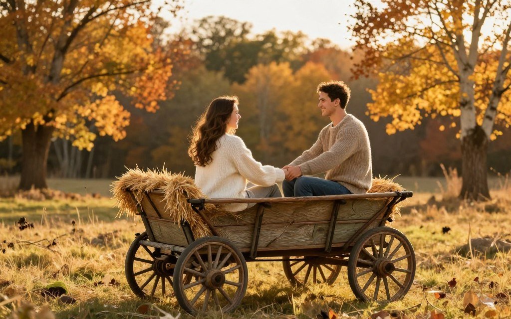 couple on romantic fall hayride through autumn foliage