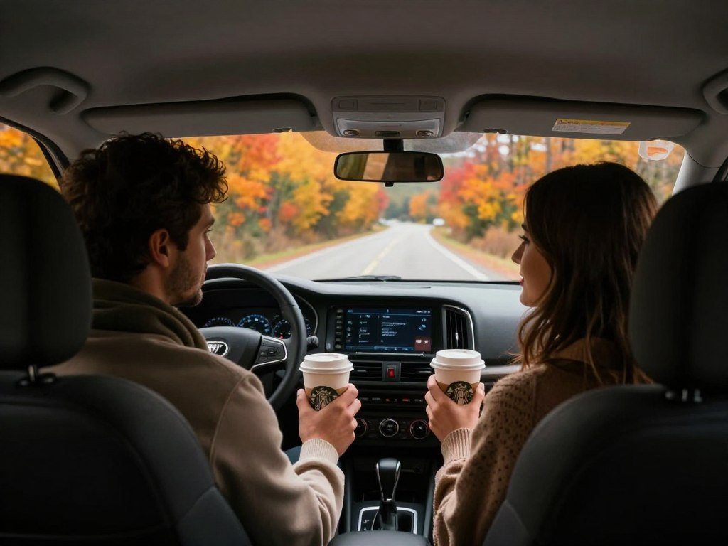 couple on scenic fall drive with colorful autumn leaves