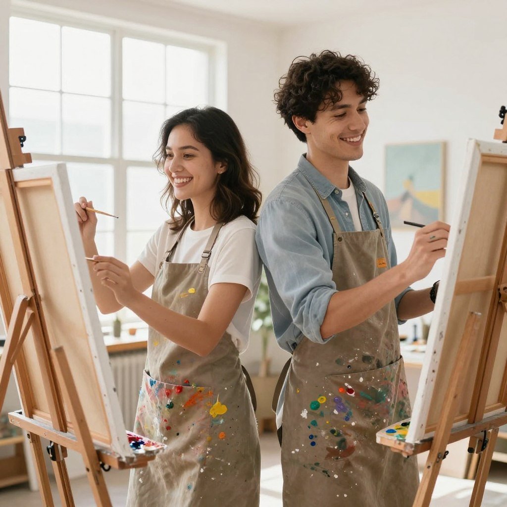 couple painting together at art studio couple painting together at art studio