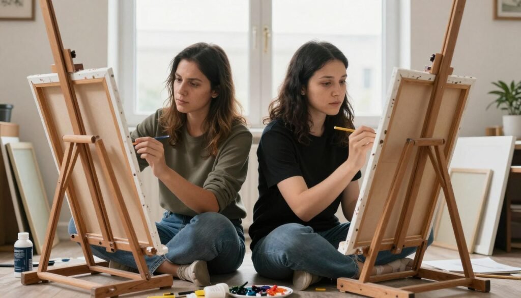 couple painting together at home art studio setup