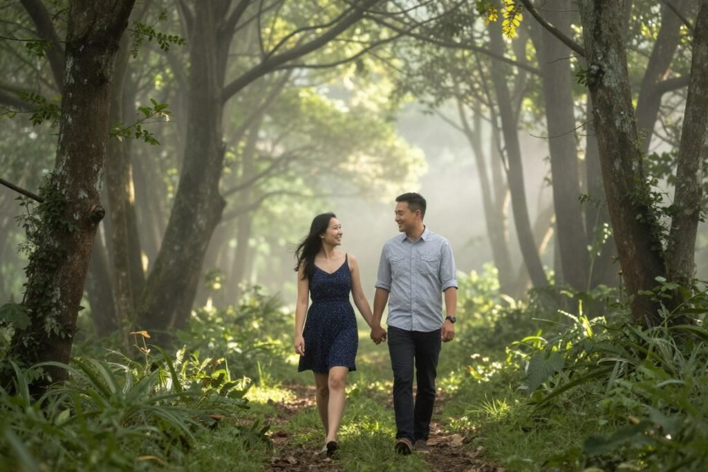 couple photography in forest during anniversary session