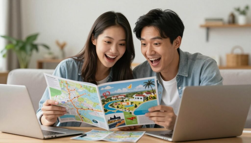 couple planning honeymoon with travel maps and guides