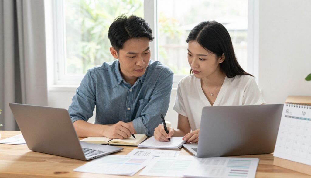 couple planning rehearsal dinner with calendar