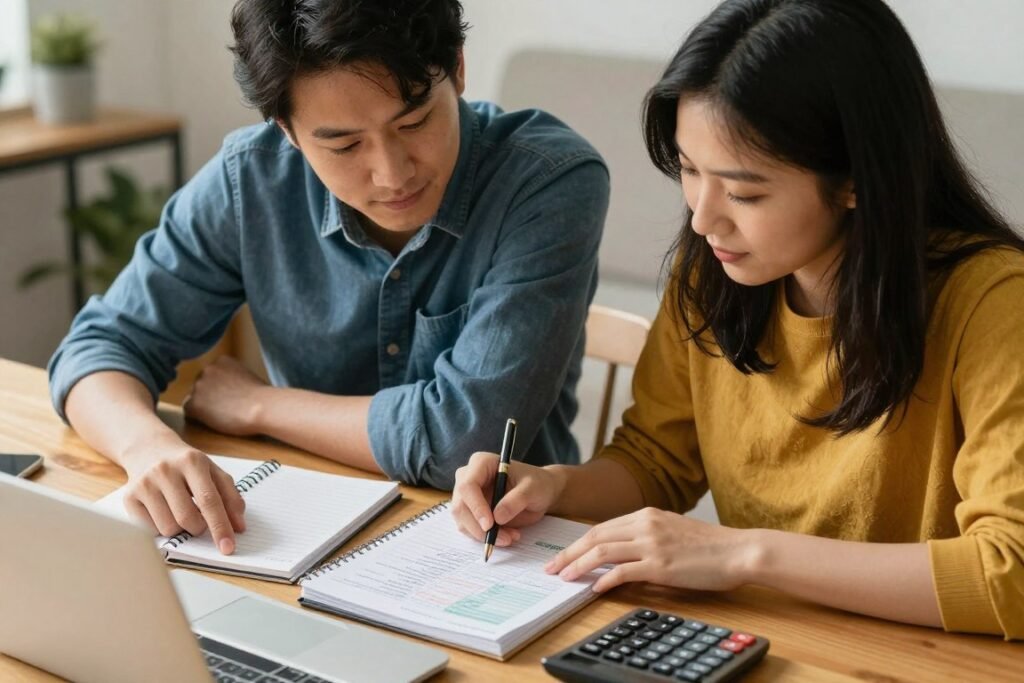 couple planning wedding budget with notebook and calculator