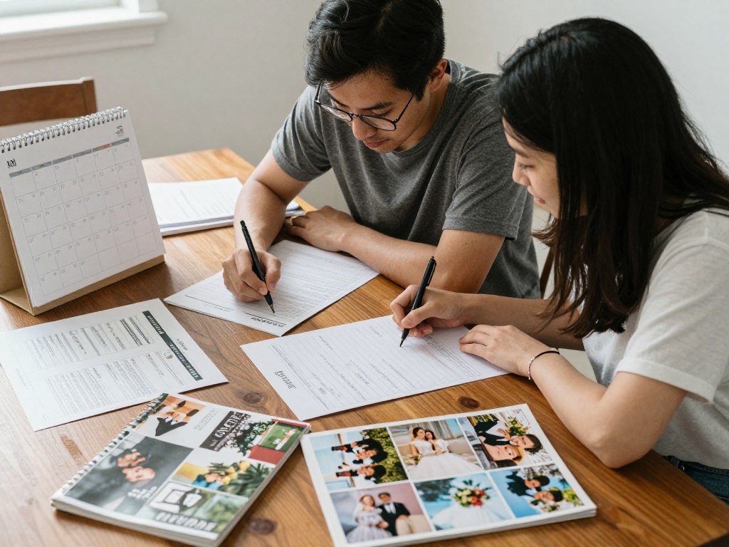couple planning wedding with calendar and checklist