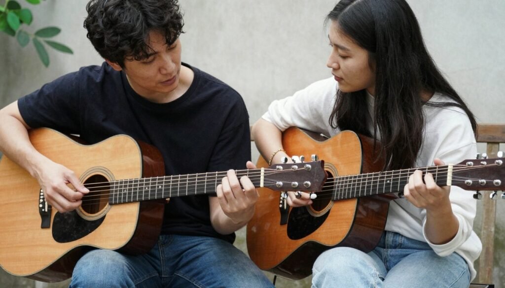 couple playing acoustic guitar together without phones