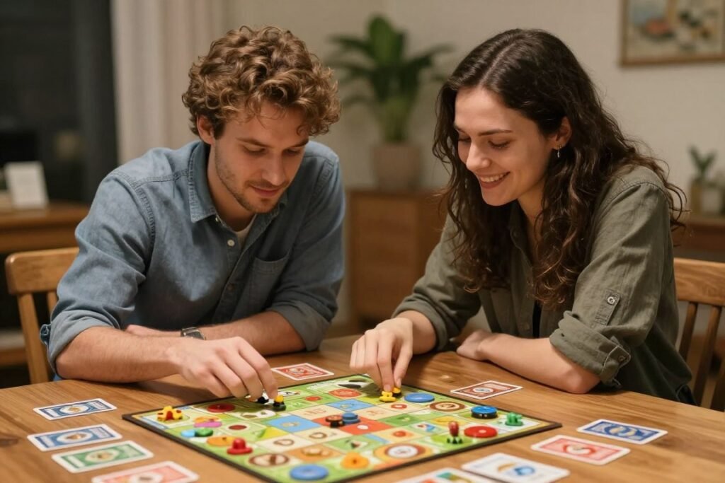 couple playing board game at table couple playing board game at table