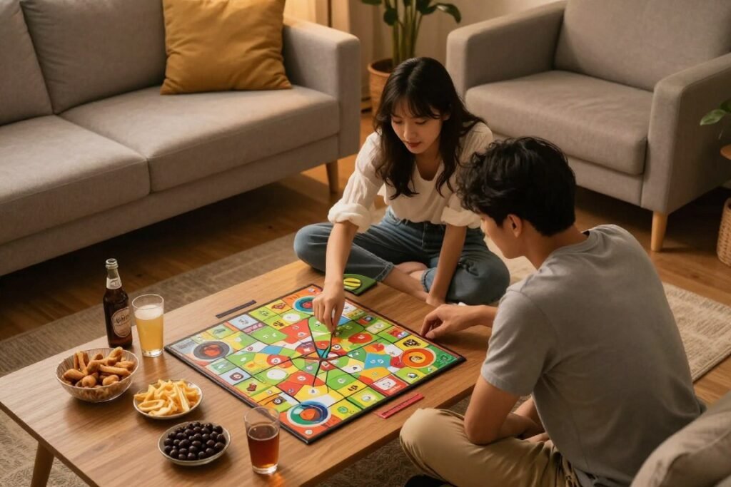 couple playing board game with snacks and drinks on coffee table