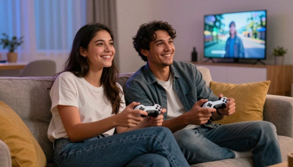 couple playing video games together on couch couple playing video games together on couch