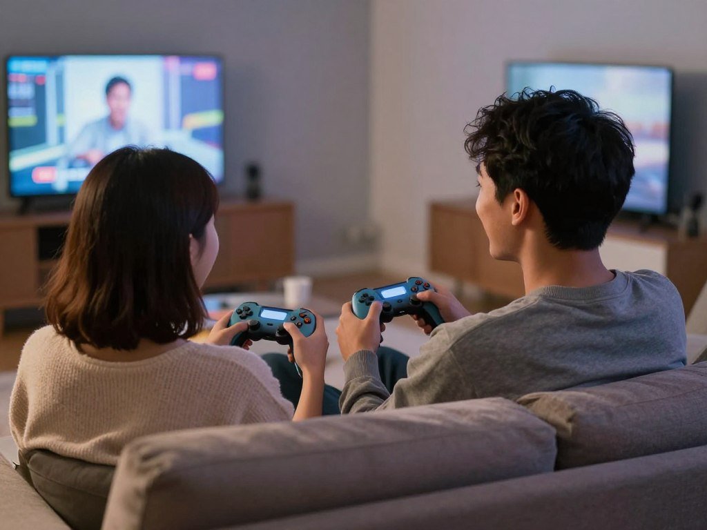 couple playing video games together on couch