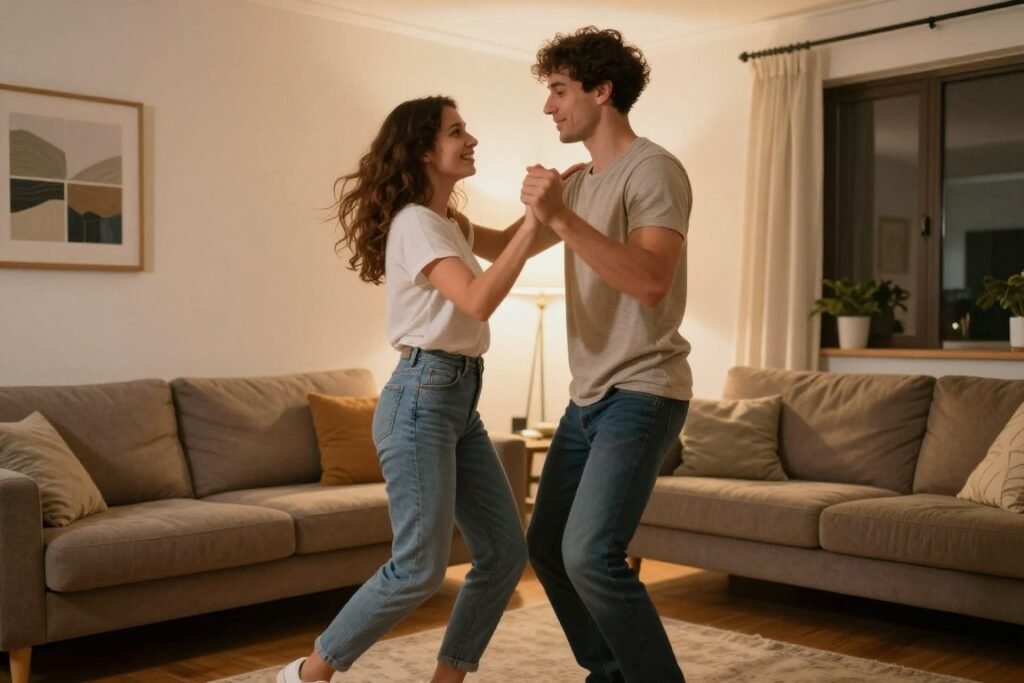 couple practicing dance moves together at home