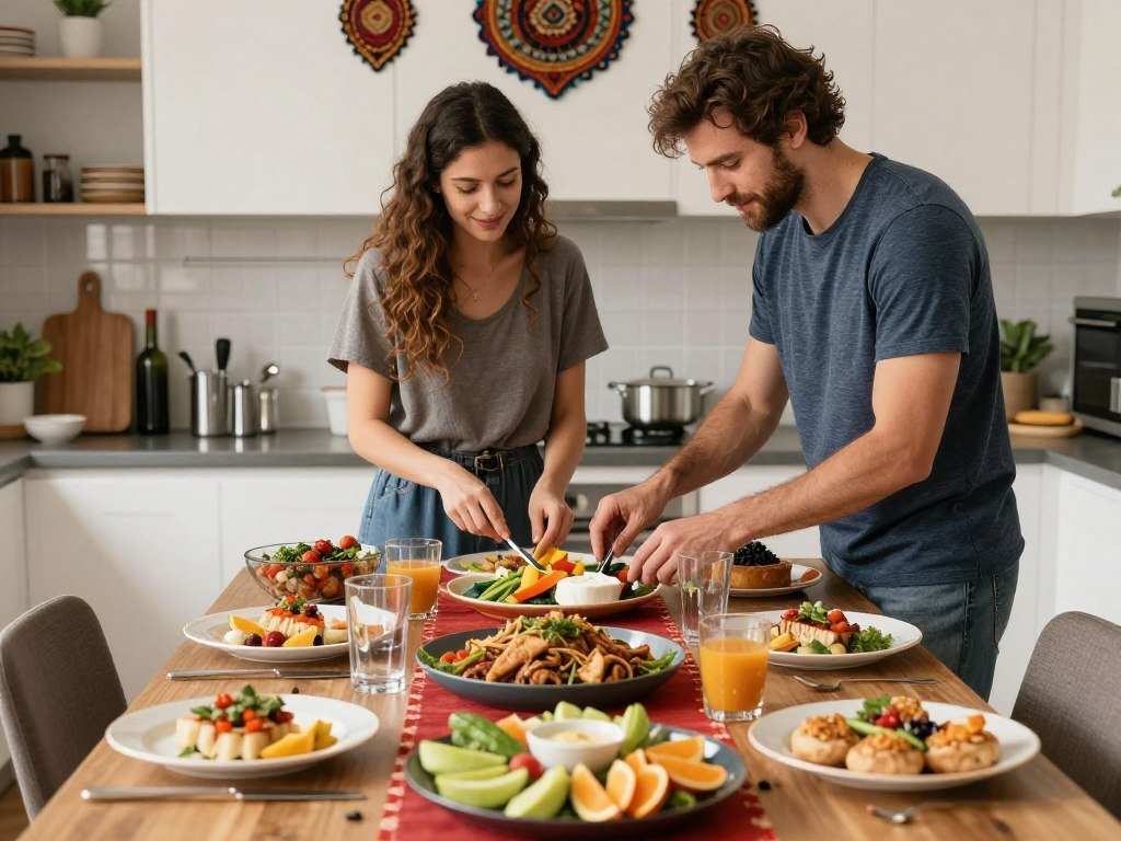 couple preparing themed international dinner together