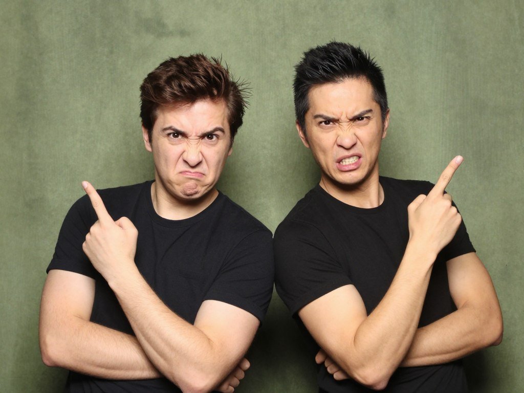 couple pretending to argue playfully with exaggerated expressions in photobooth