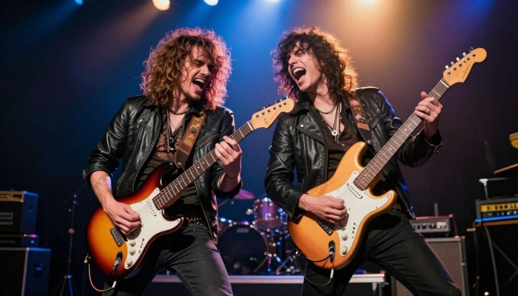 couple pretending to play air guitar in photo booth couple pretending to play air guitar in photo booth