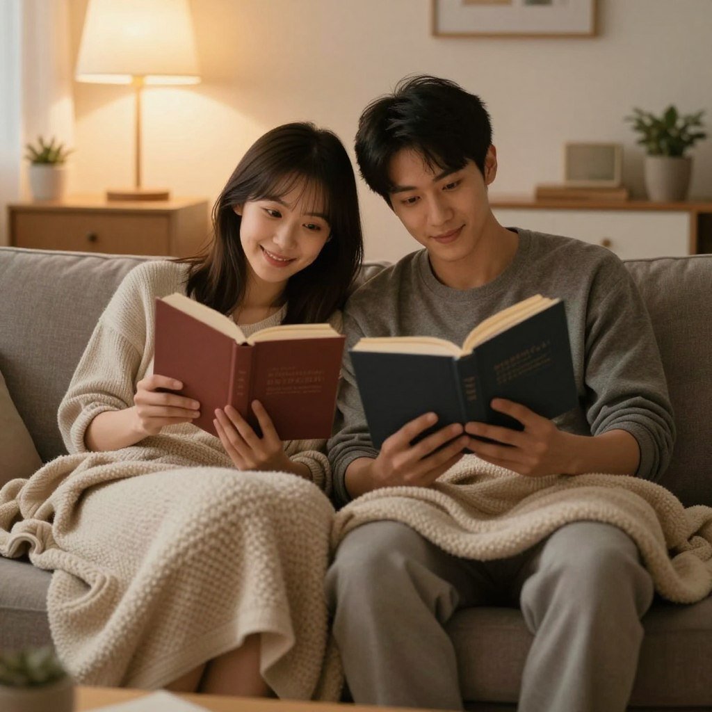 couple reading books together on couch couple reading books together on couch