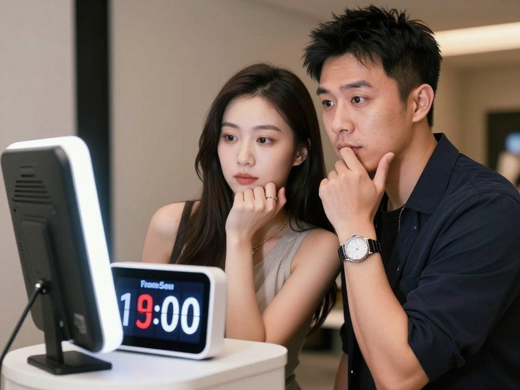 couple ready and posed watching photobooth timer countdown