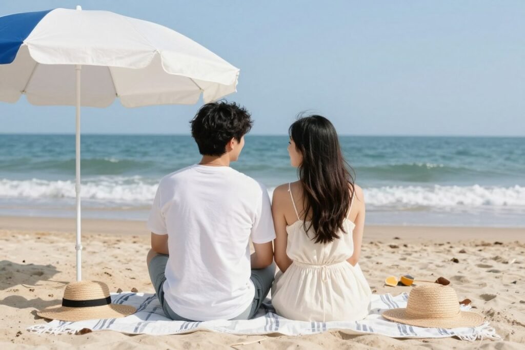 couple relaxing together at beach on summer day