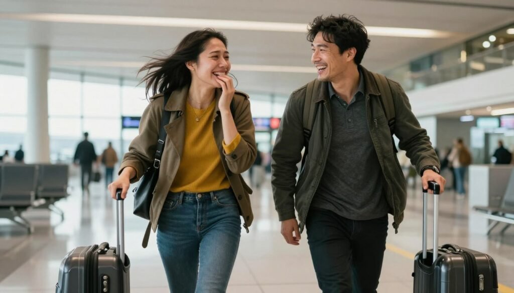 couple reuniting at airport with emotional embrace