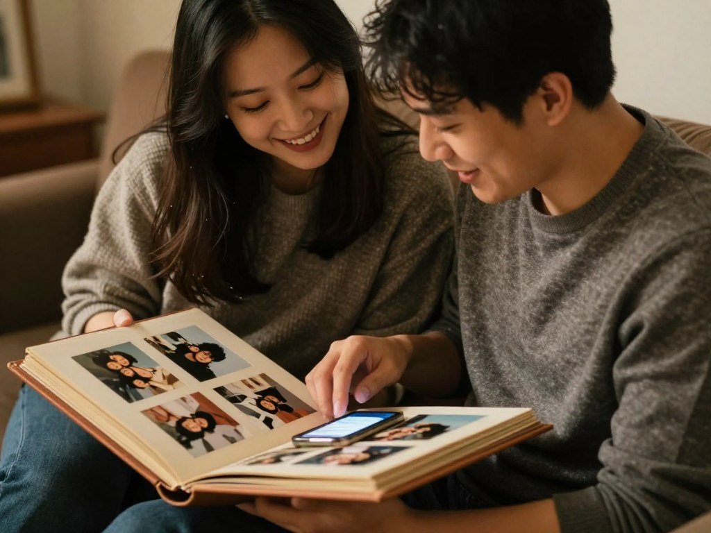 couple reviewing photos and memories together