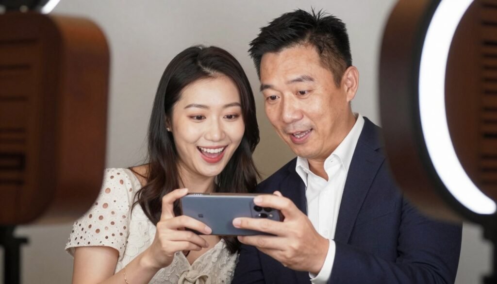 couple reviewing pose ideas on phone before booth session couple reviewing pose ideas on phone before booth session