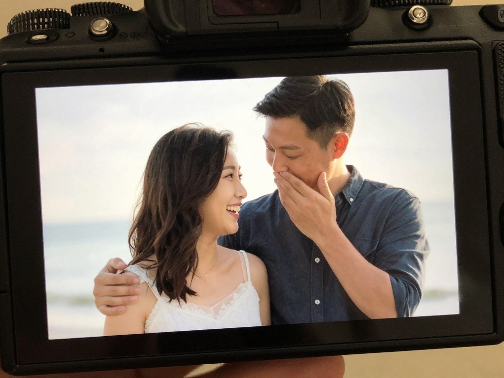 couple reviewing proposal photos together looking happy couple reviewing proposal photos together looking happy