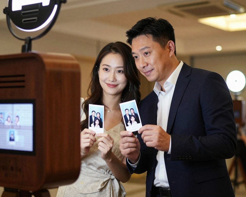 couple reviewing their photo booth pictures on screen couple reviewing their photo booth pictures on screen