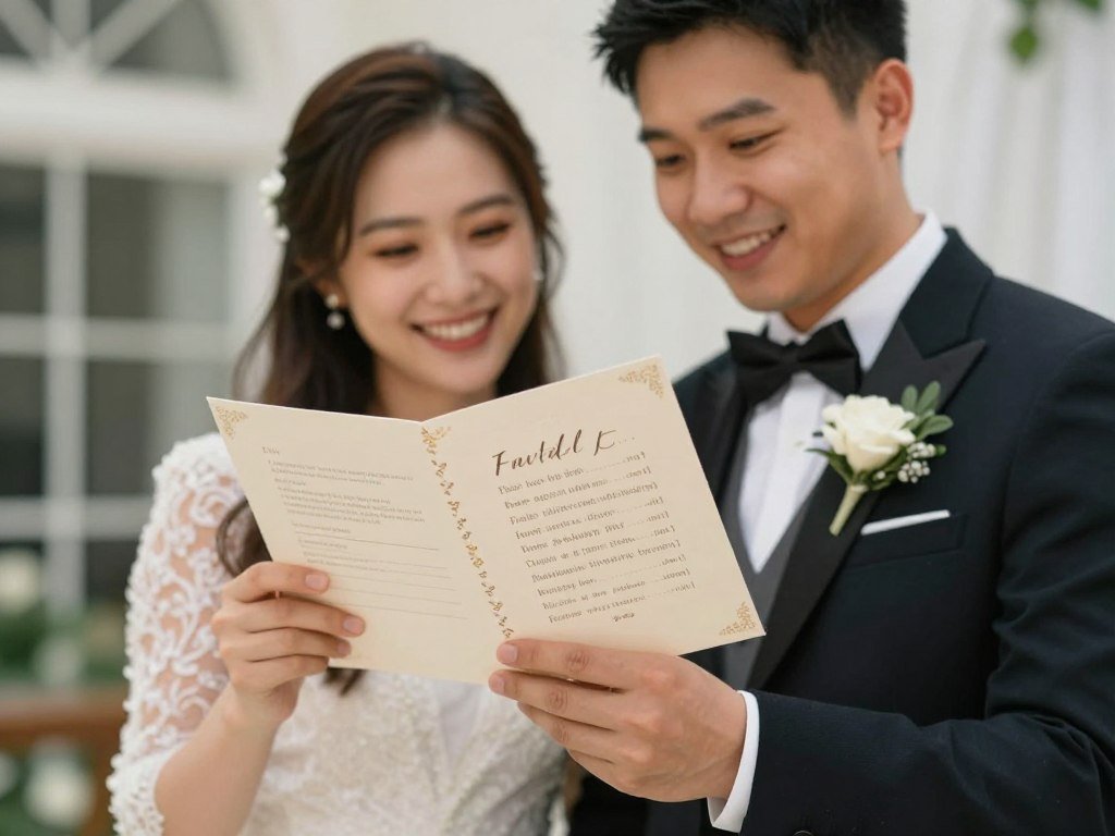 couple reviewing their wedding programs together couple reviewing their wedding programs together