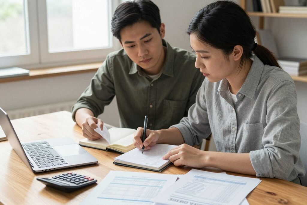 couple reviewing wedding guest list and budget spreadsheet couple reviewing wedding guest list and budget spreadsheet