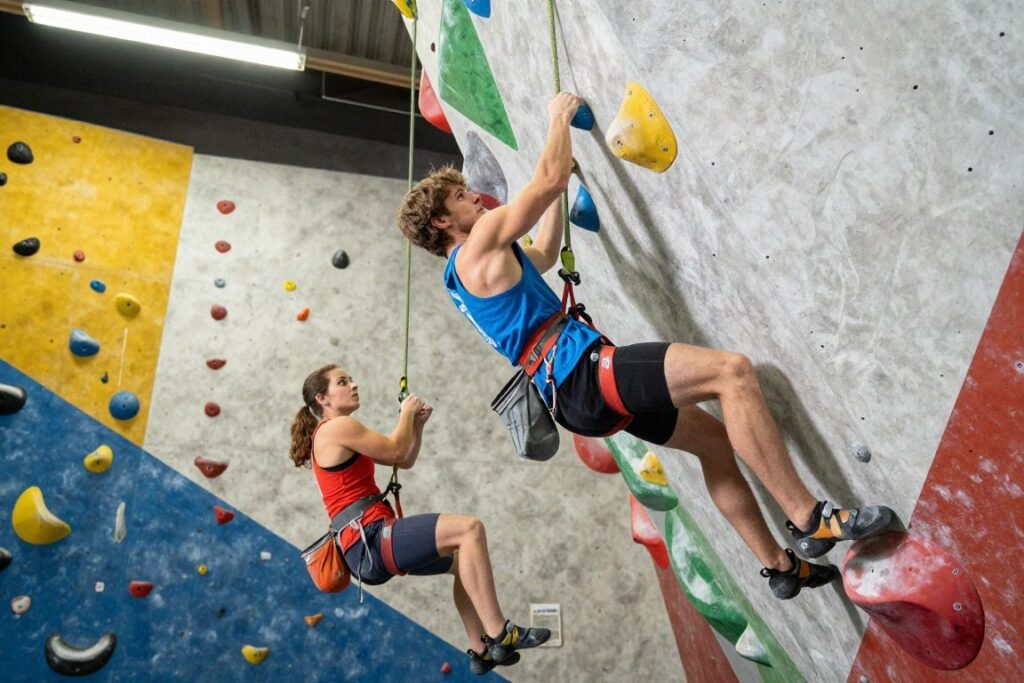 couple rock climbing together at indoor gym couple rock climbing together at indoor gym