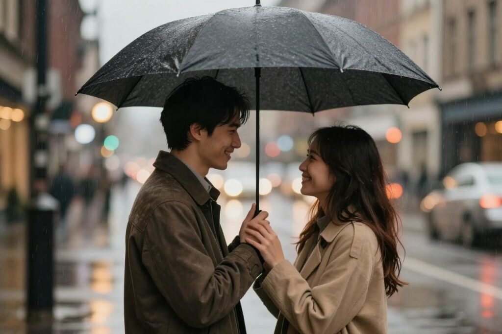 couple sharing umbrella in rain during proposal