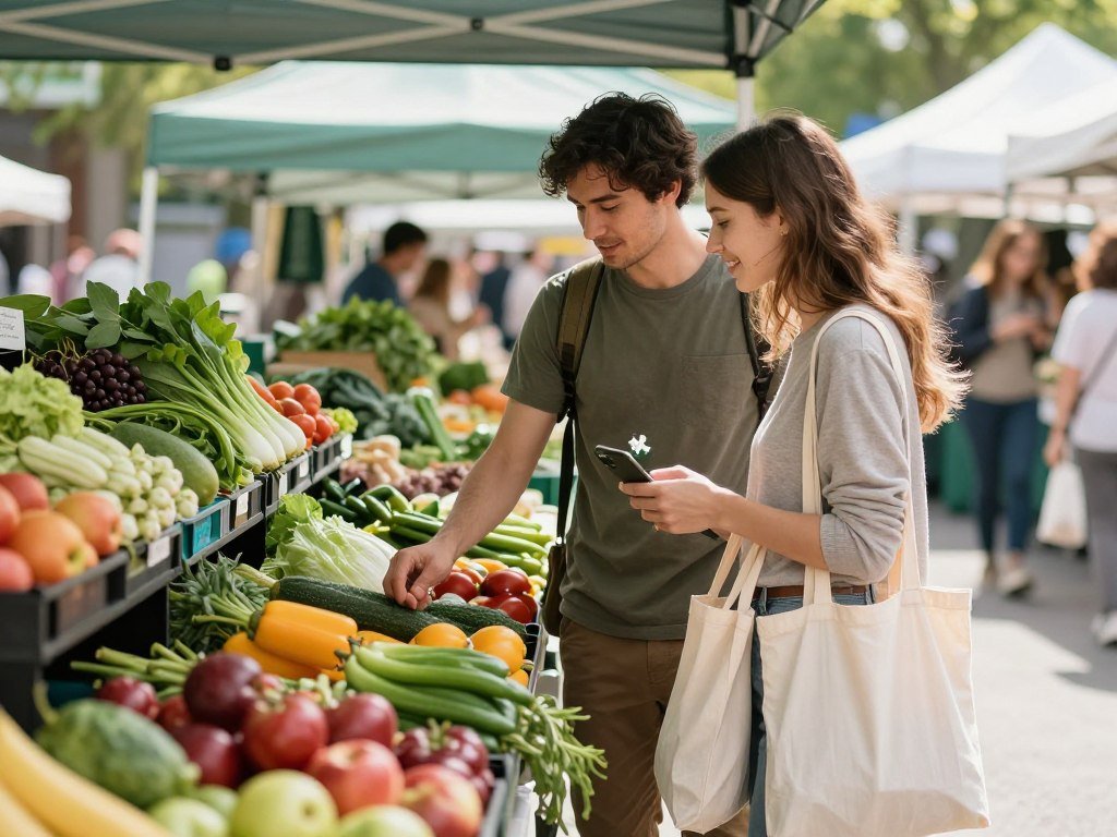 couple shopping together at colorful farmers market for anniversary date