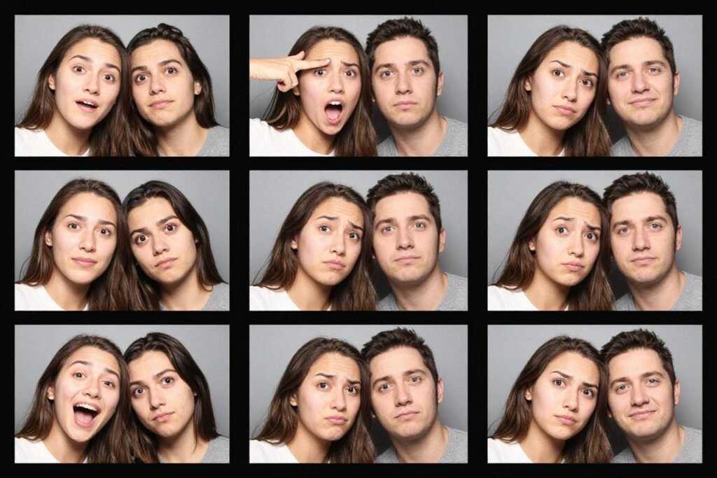 couple showing different facial expressions across multiple photobooth shots