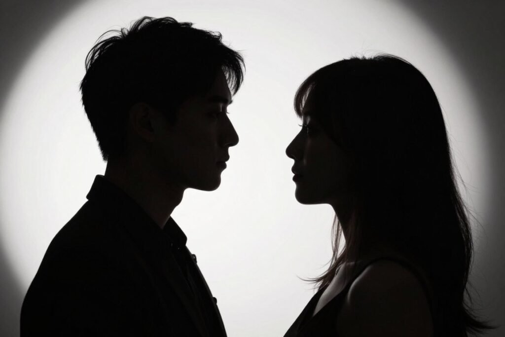 couple silhouette against bright background in artistic photobooth shot