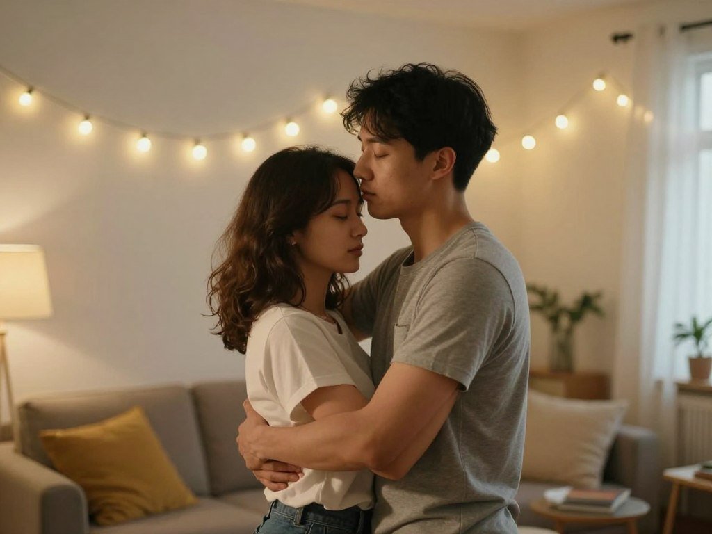 couple slow dancing in living room with soft lighting
